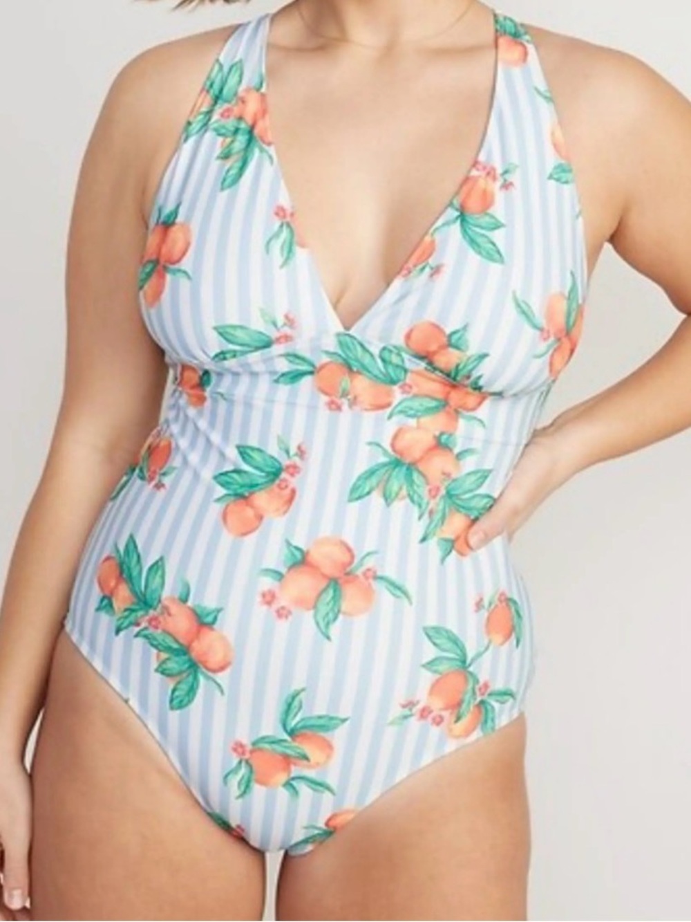 Blue & White Stripe One-Piece Swimsuit with Orange Fruit Print